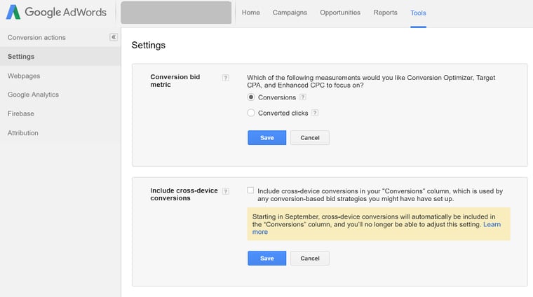 Google adwords - conversions settings - converted clicks